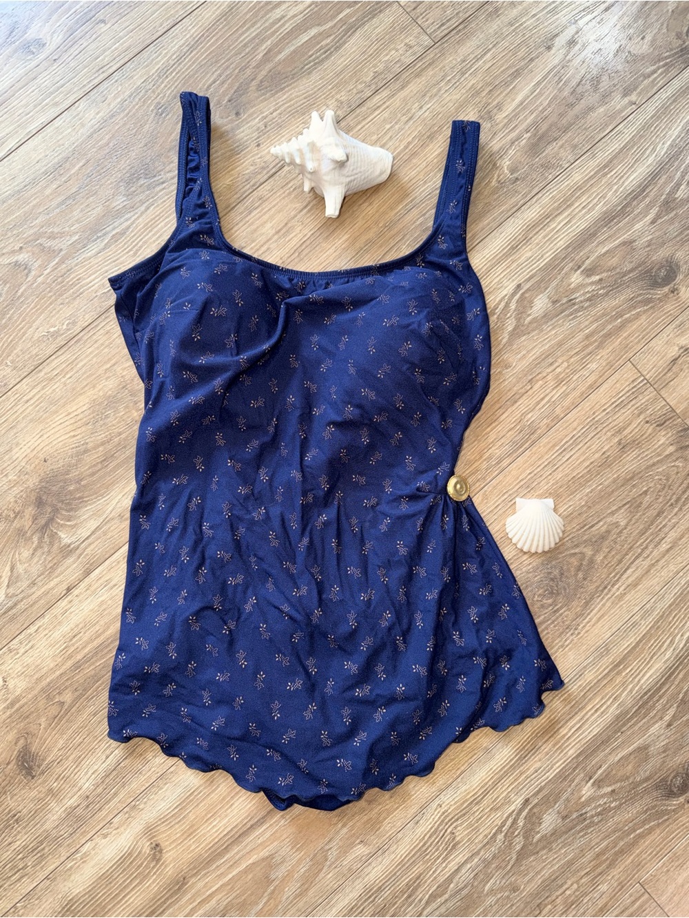 Vintage Women's Navy One-Piece Swimdress with Subtle Print